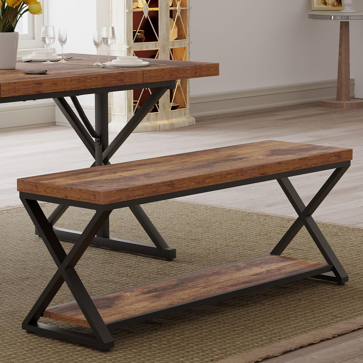 IBF Farmhouse Wood Bench, Industrial Storage Entryway Indoor Bench for Bedroom Hallway Living Room, Rustic Wooden Metal Shoe Rack Accent Foyer Bench Seat for Entrance Sitting, Rustic Brown, 47 in Long IBF