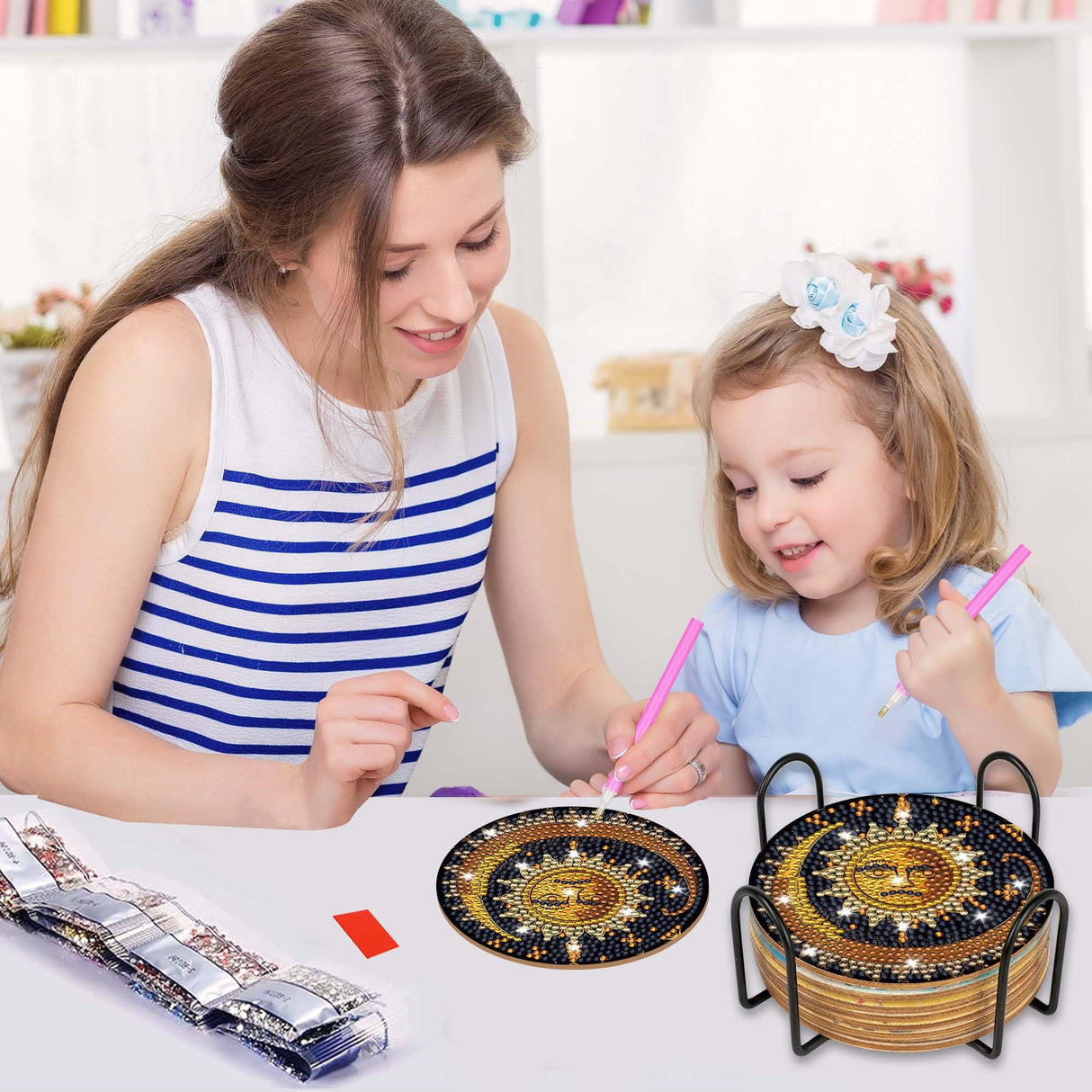 Mystical Moon Diamond Art Coasters: 8 Pcs Witchy Diamond Painting Coaster with Holder and Cork Pads, Celestial Diamond Art Coasters for Adults Beginners DIY Crafts Home Decor Gifts CRASHOT