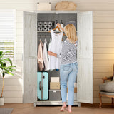 LUXOAK 70" Large Armoire Wardrobe Closet with Hanging Rod, Farmhouse Clothing Storage Cabinet with 2 Barn Doors, Wooden Tall Bedroom Armoires with Shelf, Distressed White LUXOAK