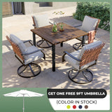 Grand patio 5-Piece Outdoor Dining Set, 4 Leather-look Wicker Swivel Patio Chairs & 1 Square Woodgrain Dining Table, Brown Grand patio