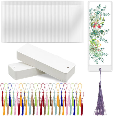 DSYIL 100 PCS Blank Bookmarks, 100 PCS Clear Bookmark Sleeves and 100 PCS Colorful Bookmark Tassels, DIY Paper Bookmarks Kit for Making Your Own Bookmarks and Gift Tags, 5.5 x 2 Inches