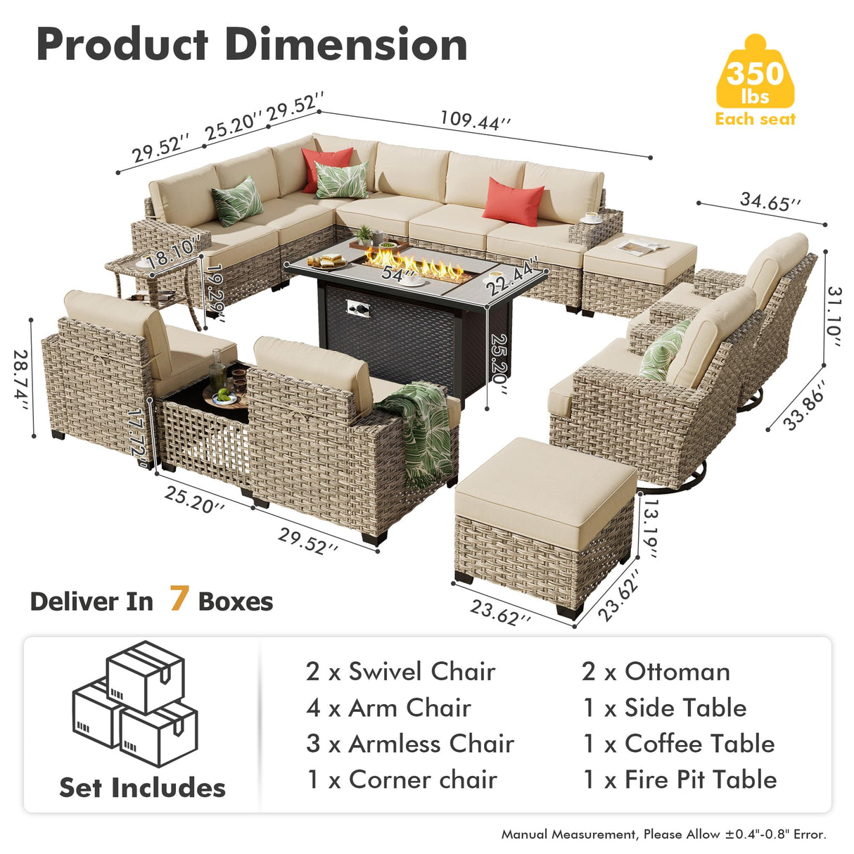 HOOOWOOO Outdoor Sectional Patio Furniture Set with Fire Pit Table,15 Pieces Wicker Conversation Sets L Shaped Couch,Extra Deep Out Door Sofa Outside Furniture with Swivel Chairs Ottomans,Beige HOOOWOOO