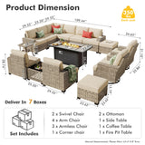 HOOOWOOO Outdoor Sectional Patio Furniture Set with Fire Pit Table,15 Pieces Wicker Conversation Sets L Shaped Couch,Extra Deep Out Door Sofa Outside Furniture with Swivel Chairs Ottomans,Beige HOOOWOOO