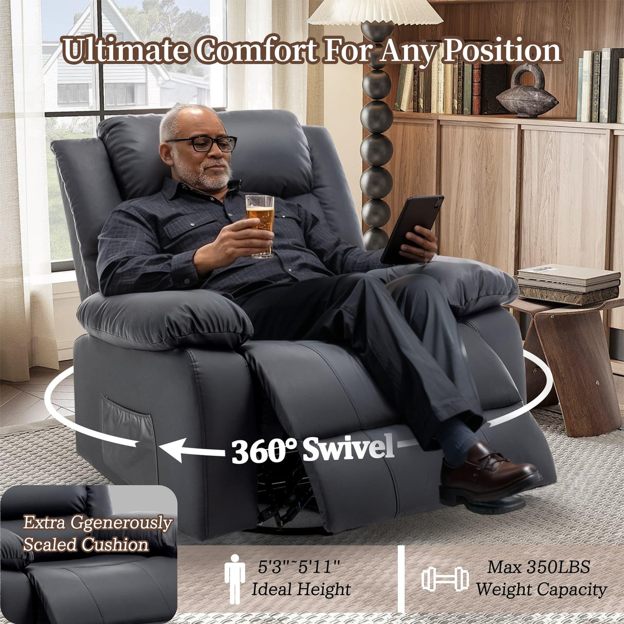 Recliner Chair, Wide Rocker Chair, Pet-Friendly Design, Large Rocking Chair with Massage and Heat,360°Swivel Nursery Rocking Chair, Oversized Recliner for Adults, Black Reclining Sofa for Living Room Korser