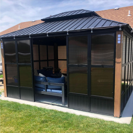 PURPLE LEAF 12' X 14' Patio Hardtop Gazebo Double Top Outdoor Screen House Aluminum Solarium Backyard Sun Room with Detachable Windows and 24 Solar String Light PURPLE LEAF