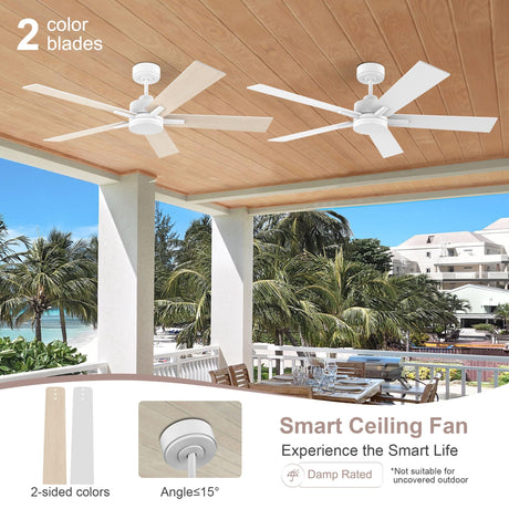 Lorpies 52” Smart Ceiling Fan with Lights Remote,Voice Control via Alexa Google WIFI App,Ultra Quiet DC Motor,Outdoor Indoor Modern Ceiling Fans,6-Speed for Bedroom Patio Porch,White and Wood Color Lorpies