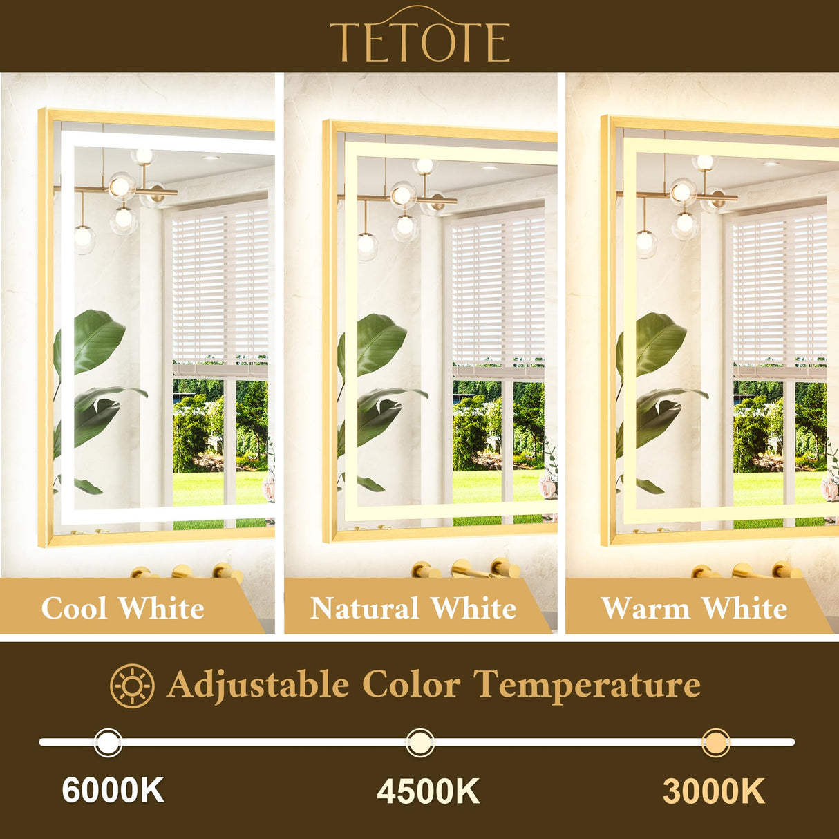 TETOTE 22 x 30 Bathroom LED Mirror Brushed Gold Metal Frame Frontlit & Backlit Vanity Mirror Anti-Fog Stepless Dimmable 3 Colors White/Warm/Natural Mirror with Lights Wall-Mounted TETOTE