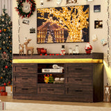 70"W Large Drawers Dresser,Tall Farmhouse 7 Drawers Dresser for Bedroom +2 Open Storage Shelves,with LED Light and Power Outlets,Wide Wood 7 Chests of Drawers for Closet for Bedroom(Antique Brown) chartustriable