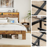 PAUKIN King Size Wooden Bed Frame with Headboard, Rustic Farmhouse Wooden Bedframe with LED Lights and Charging Station, Easy Assembly, No Box Spring Needed (Rustic Brown, King) PAUKIN