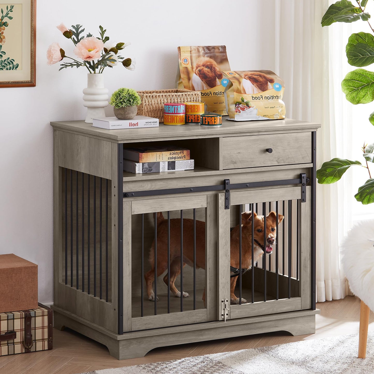 35.4 Inch Furniture Style Dog Crate with Sliding Barn Door and Storage Drawers, Wooden Dog Cage Furniture End Side Table, Chew-Resistant, Grey, 35.4" W x 23.6" D x 33.5" H