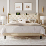 Feonase King Size Bed Frame with Luxury Wingback and Fast Charging Station,King Upholstered Button Tufted Storage Headboard Platform Bed,Sturdy Wooden Slats Support,Noise-Free, Easy Assembly,Beige Feonase