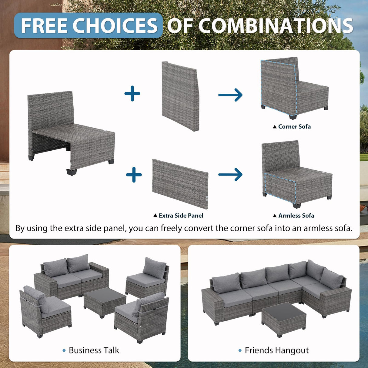 JOIVI 6 Pieces Outdoor Patio Furniture Set, Rattan Patio Sectional Sofa Conversation Set with Coffee Table, PE Wicker L-Shaped Sofa Set with Cushions for Garden, Backyard, Deck, Gray JOIVI