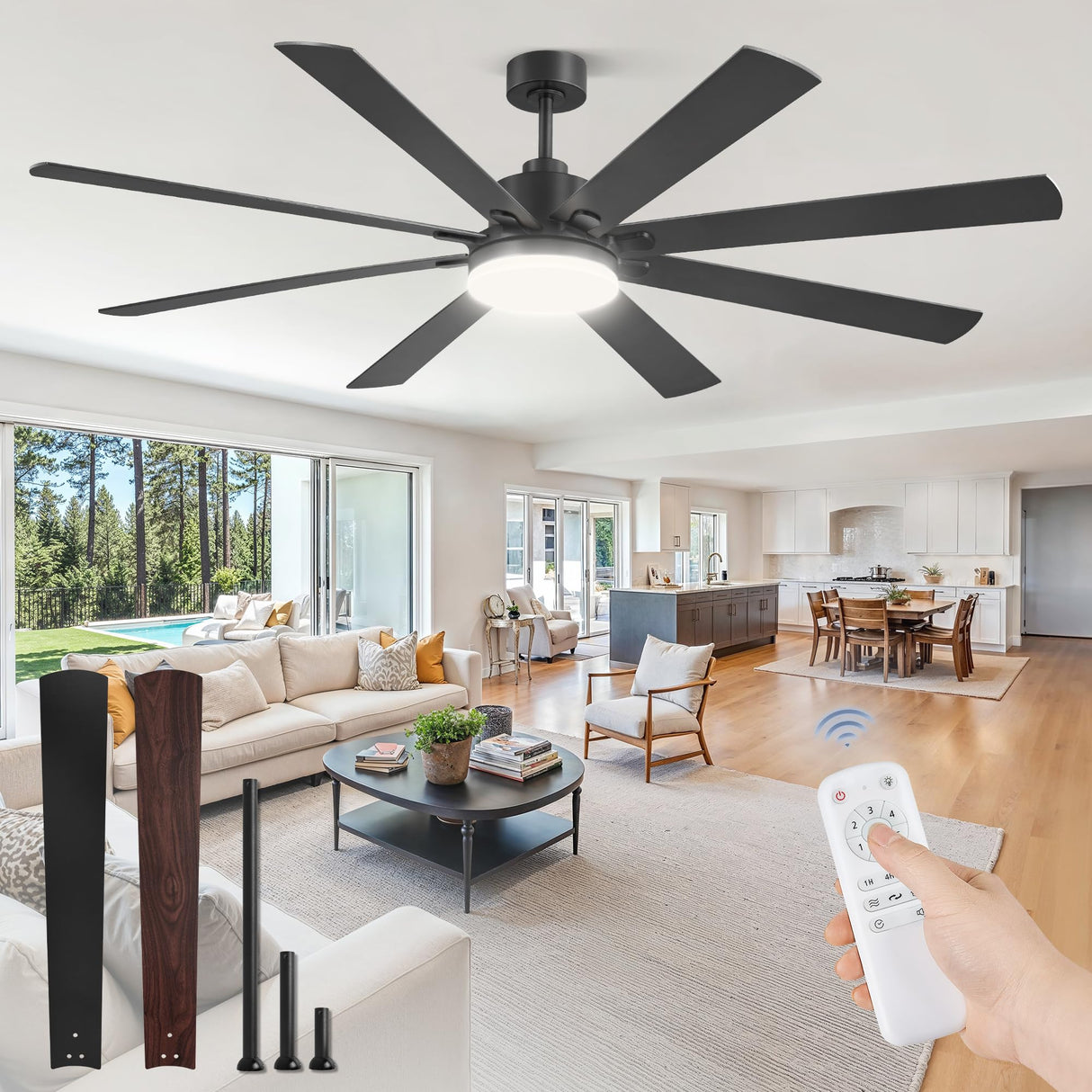 72 Inch Large Ceiling Fan with Remote, Indoor/Outdoor Industrial Ceiling Fan with Large LED Panel, Quiet Reversible DC Motor, 6-Speed, 3CCT, Black Ceiling Fans with Light for Patio, Livingroom, Garage ZMISHIBO
