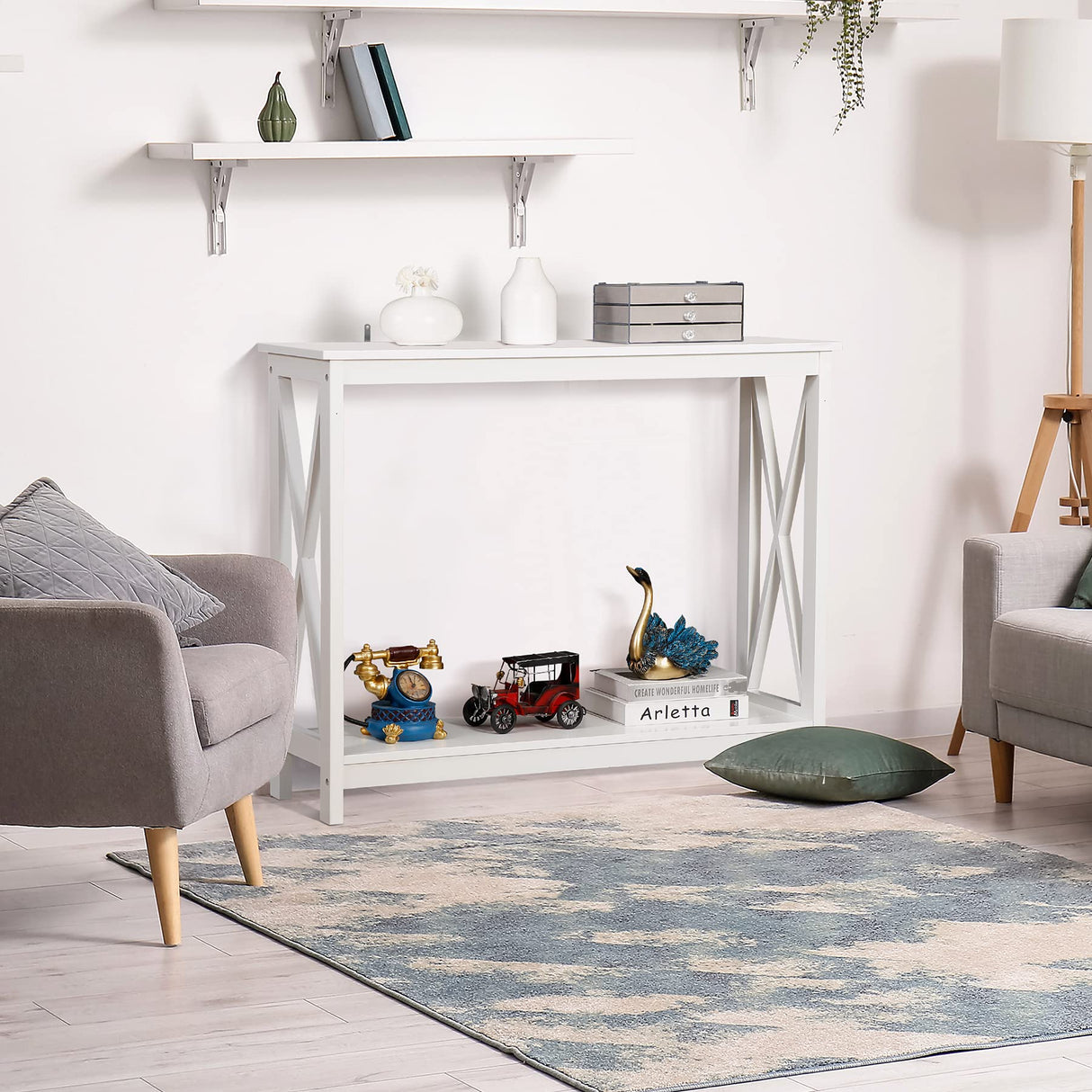 SUPER DEAL 2-Tier Narrow Console Sofa Side Table for Entryway/Hallway/Living Room, 39.3in L x 11.8in W x 31.6in H, White SUPER DEAL