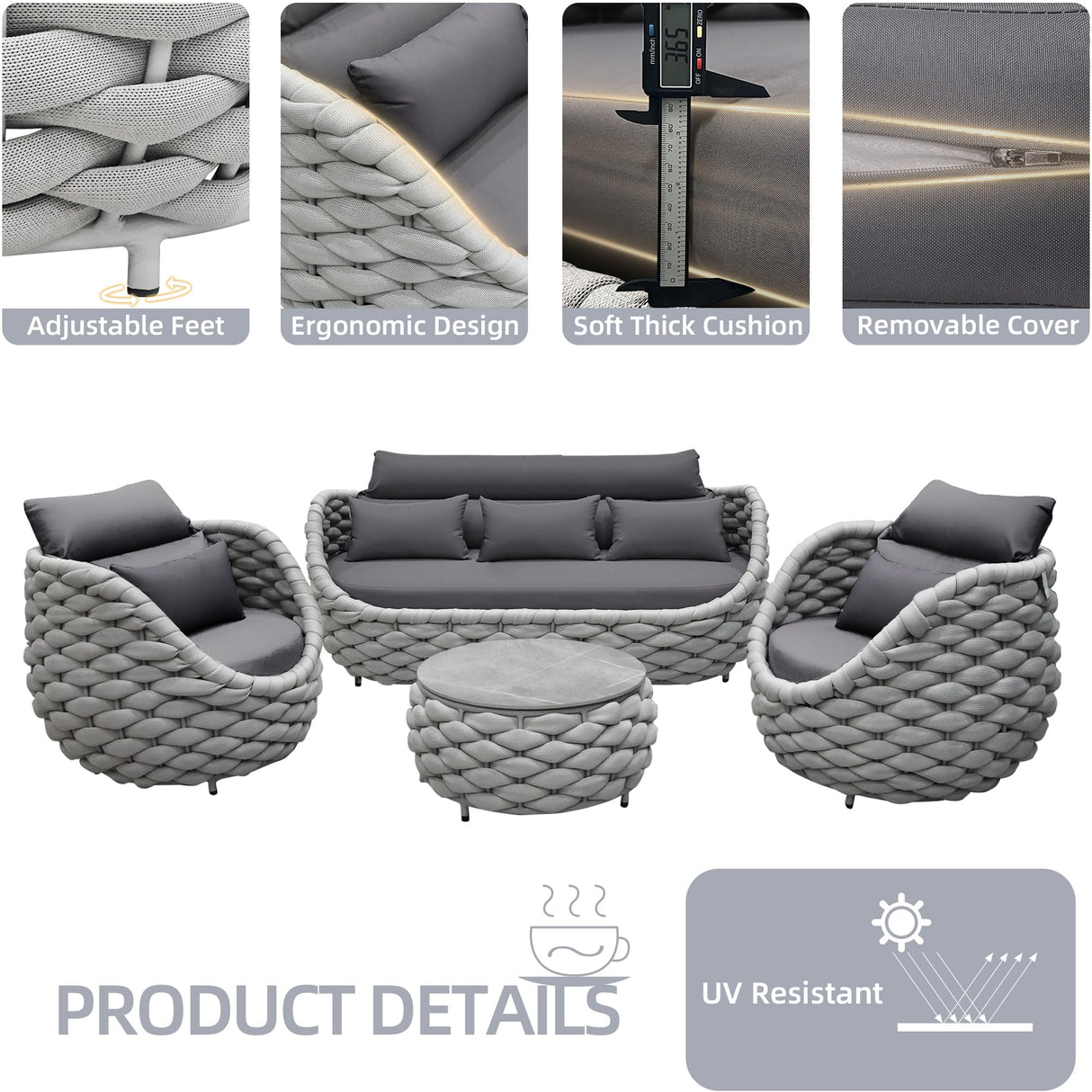 6-Piece Aluminum Patio Furniture Set, Modern Outdoor Conversation Set Sectional Sofa with Water Repellent Thick Cushions and Coffee Table for Balcony, Garden TWT