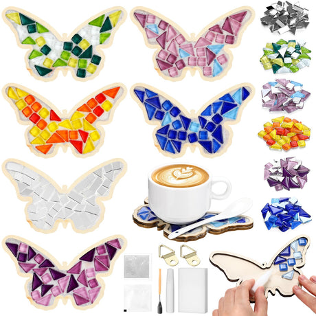 Honeydak 6 Sets DIY Glass Mosaic Tiles for Crafts with Butterfly Wooden Coasters for Adults Mixed Color Mosaic Crafts Materials Package for Coaster Stained Glass Kit for Handmade Home Decor Gifts Honeydak