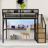 KEIKI Queen Loft Bed with Desk, USB Charging Station, Stairs, and Built-in Storage Shelves for Kids & Teens, Black KEIKI