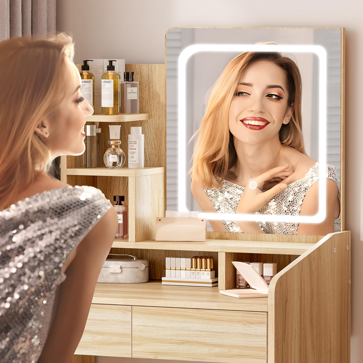 LIVELYGLOW Small Vanity Desk Set with Square Mirror and Light- Vanity Desk with Drawers- Wood LIVELYGLOW