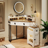 FREDEES Corner Vanity with Mirror and Lights,Modern Makeup Vanity Set with Charging Station for Bedroom/Cloakroom,Glass Top Vanity Table with Drawers and Shelves,White FREDEES
