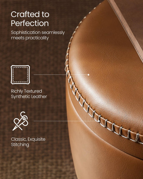 VASAGLE EKHO Collection - Storage Ottoman, Vanity Chair Stool, Synthetic Leather with Stitching, Mid-Century Modern, Round Storage Seat with Steel Legs, Loads 330 lb, Caramel Brown ULOM005K01 VASAGLE