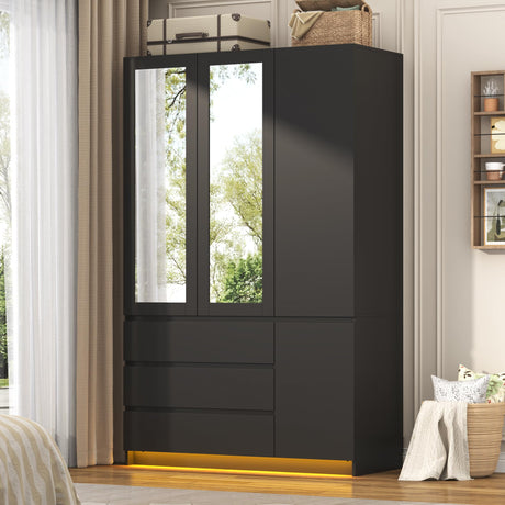 jiteentarou 3 Doors Armoire Wardrobe Closet with 3 Drawers & Mirror, Modern Wooden Bedroom Armoires with Hanging Rod Led Lights for Bedroom, Black jiteentarou
