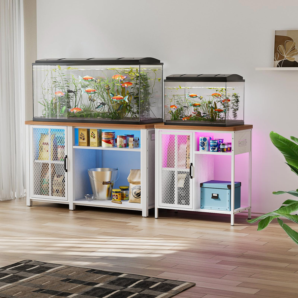 HAIOOU 55-75 Gallon Aquarium Stand with LED Light & Power Outlets, Cross Design Fish Tank Stand Heavy Duty Metal Frame Aquarium Table with Cabinet Storage, Fit for Turtle Tank, 880LBS Loads - White HAIOOU