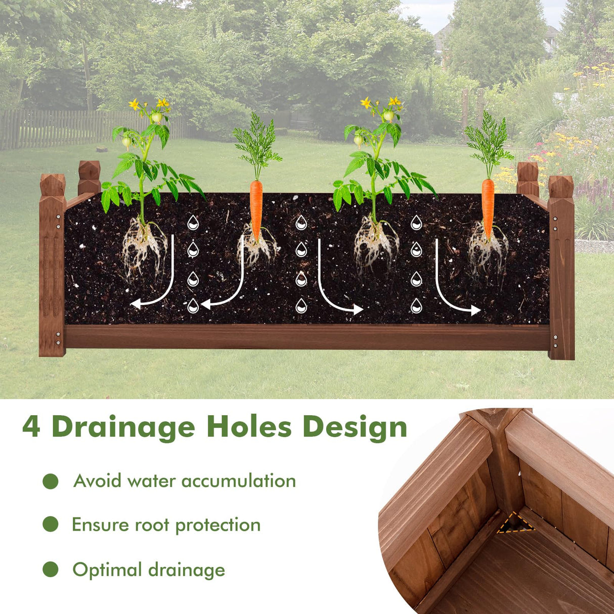 HAPPYGRILL Wood Raised Garden Bed, 46” x 24” x 16” Rectangular Planter Container w/Drainage Holes for Growing Vegetables, Flowers, Herbs, Outdoor Planter Box Flower Box for Backyard Garden Lawn HAPPYGRILL
