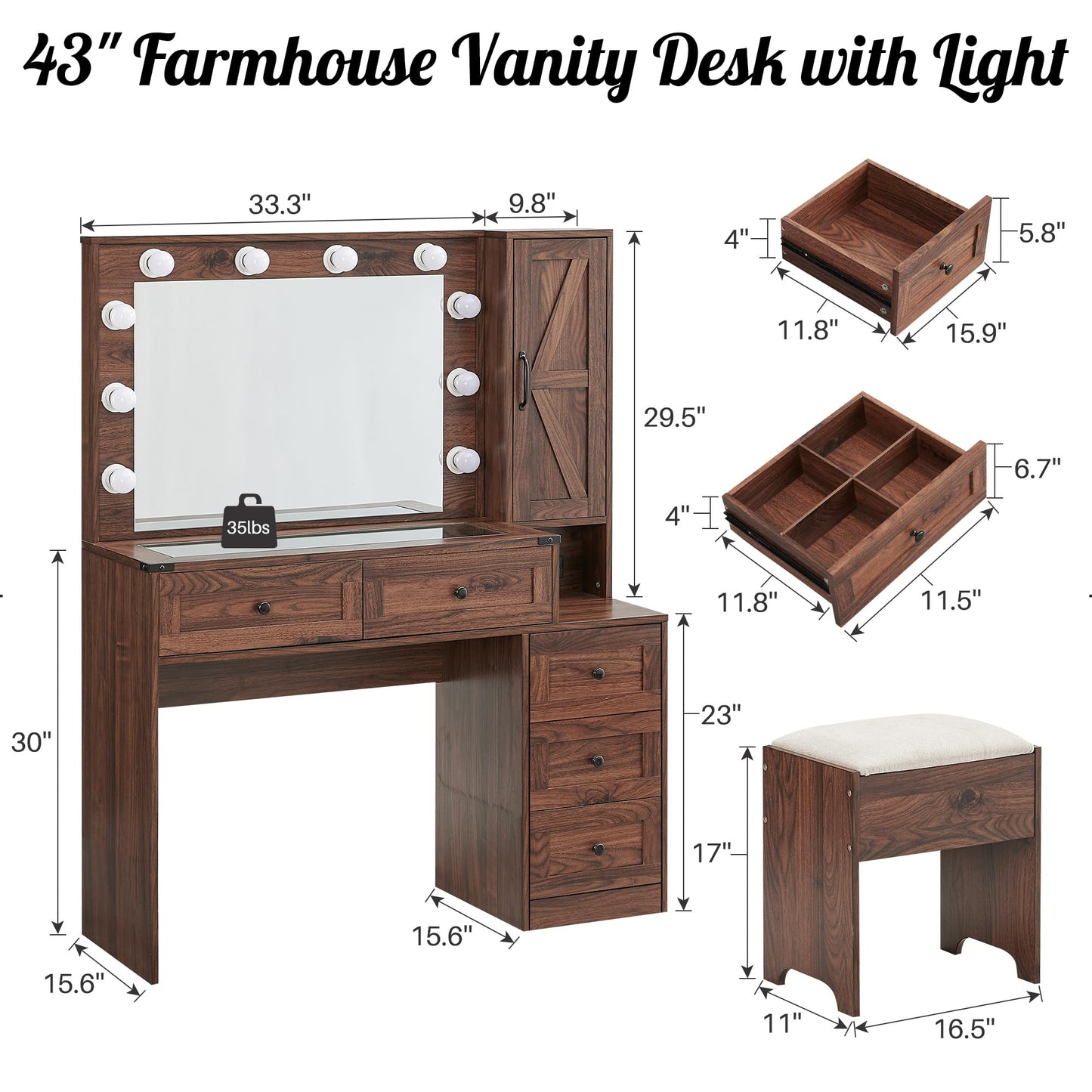 ACCOHOHO Farmhouse Vanity Desk with Mirror and Lights, 43" Wide Makeup Vanity with Glass Tabletop and Charging Station, Modern Vanity Table Set with Storage and Stool for Bedroom, Brown