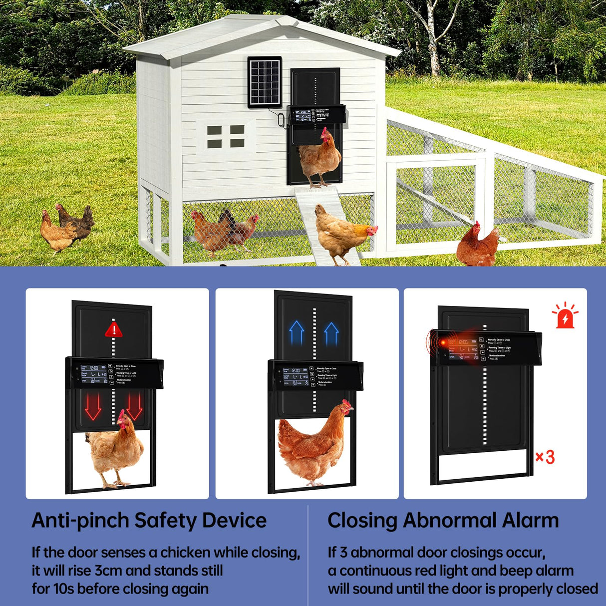 Solar Chicken Coop Door, Automatic Chicken Door Solar Powered & USB Charging, Auto Chicken Door 4 Modes with Timer & Light Sensor, Anti-pinch & Alert, Remote, LED Screen, Aluminum Waterproof Coop Door Shikha