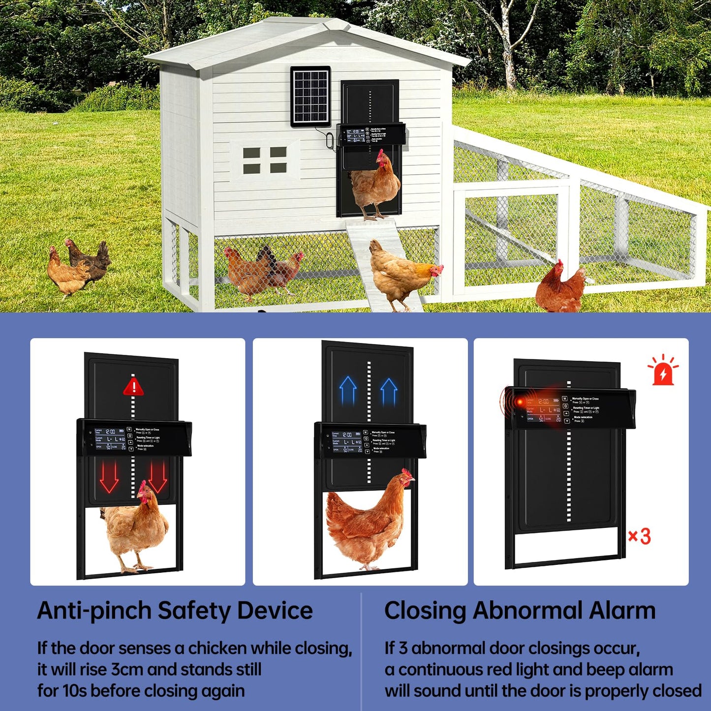 Solar Chicken Coop Door, Automatic Chicken Door Solar Powered & USB Charging, Auto Chicken Door 4 Modes with Timer & Light Sensor, Anti-pinch & Alert, Remote, LED Screen, Aluminum Waterproof Coop Door