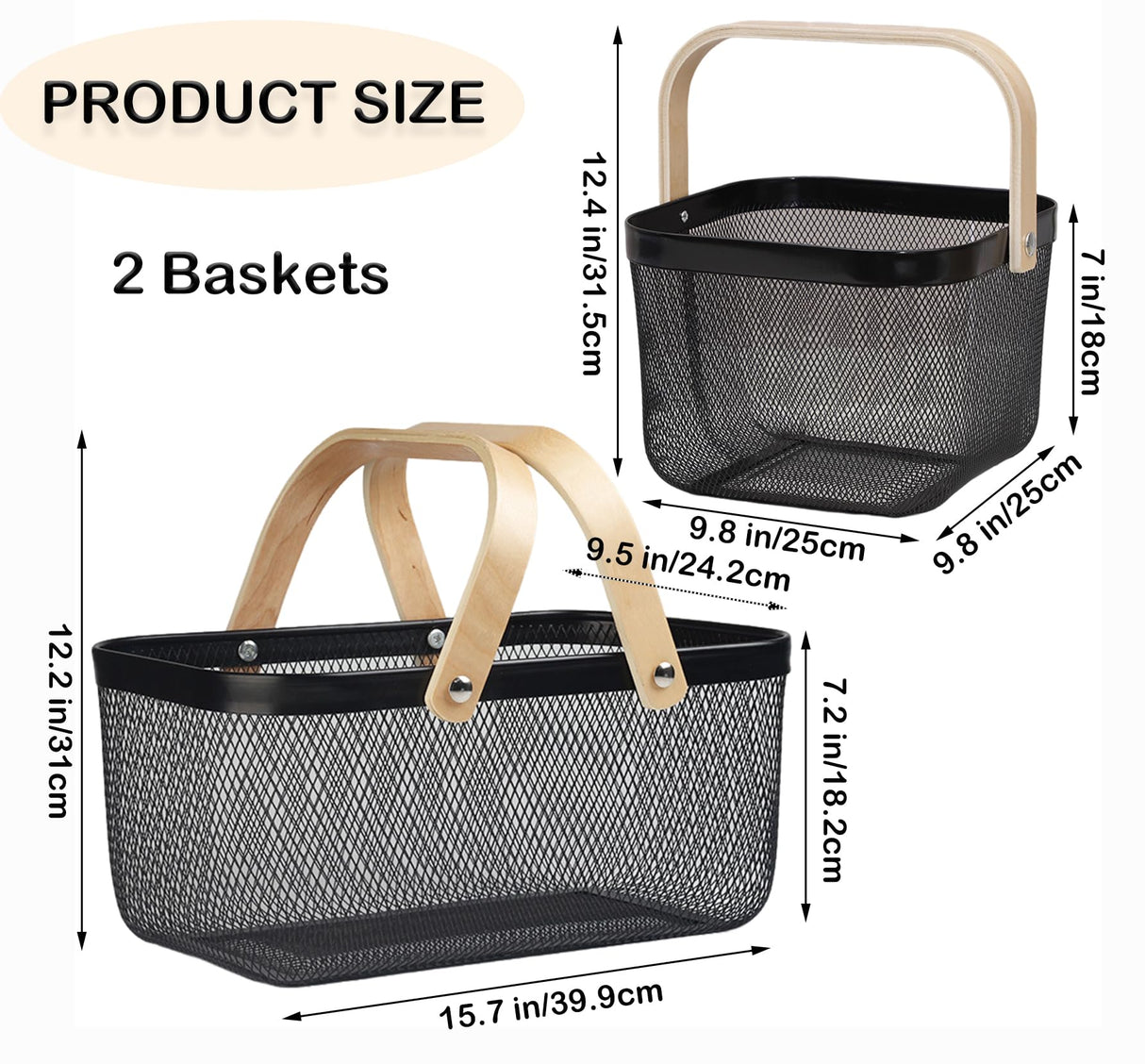 Cheardia 2 Pack Picnic Baskets, Metal Mesh Harvest Basket with Foldable Wooden Handle, Rectangle Garden Storage Basket Bin for Vegetable Fruit Garden Kitchen Cabinet Picking Gathering Cheardia