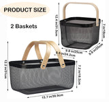 Cheardia 2 Pack Picnic Baskets, Metal Mesh Harvest Basket with Foldable Wooden Handle, Rectangle Garden Storage Basket Bin for Vegetable Fruit Garden Kitchen Cabinet Picking Gathering Cheardia