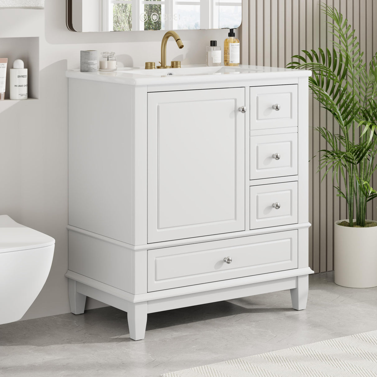 Harper & Bright Designs 30" Bathroom Vanity with Sink, Free Standing Single Basin Vanity Set with One Door and Three Drawers, Solid Wood Bathroom Cabinet with Ceramic Basin for Bathroom, White Harper & Bright Designs