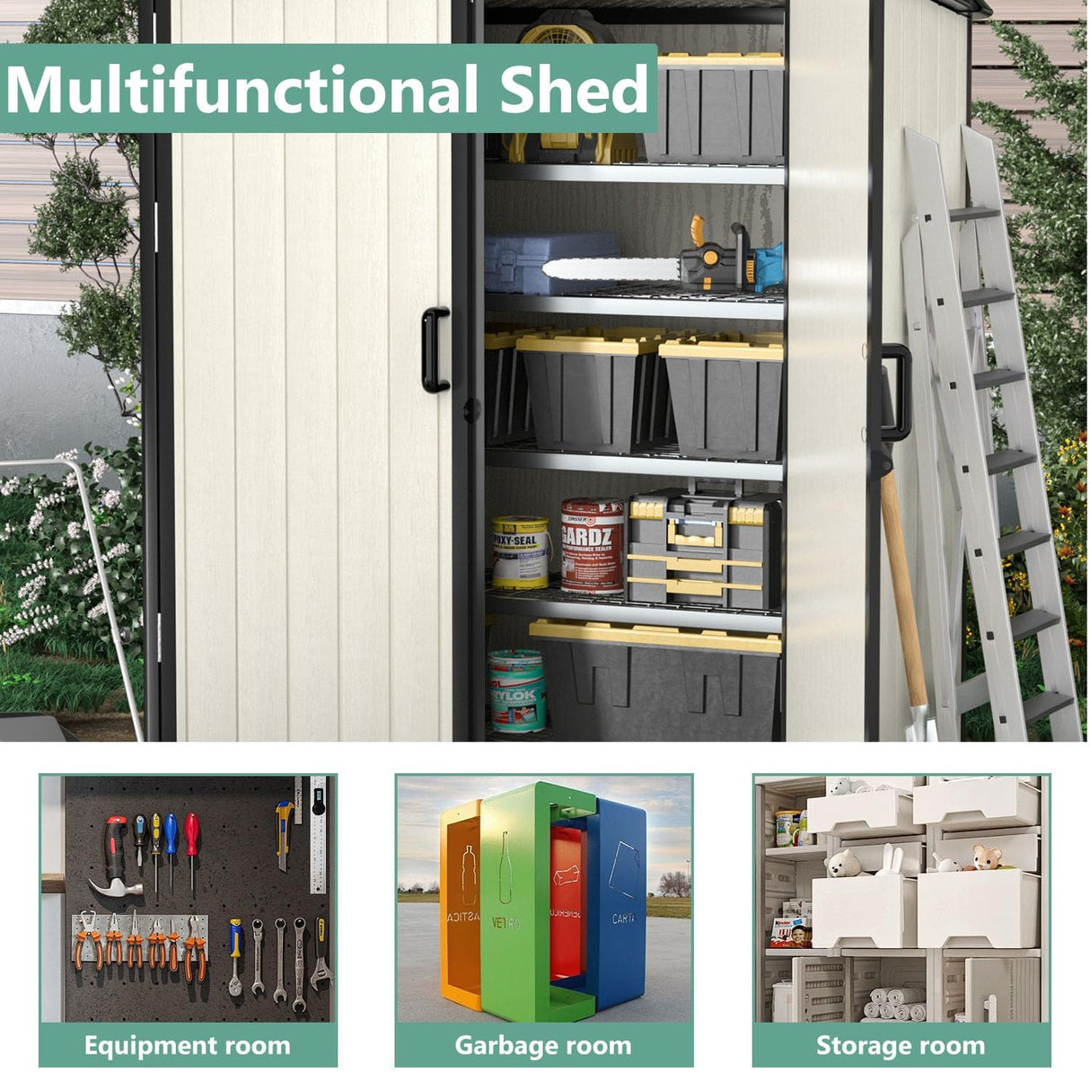 Aoxun Outdoor Storage Shed 5 x 3FT, Resin Shed with Floor and Lockable Door, Plastic Shed for Bike, Garbage Can, Tool, Accessories, Lawn, Garden - Beige Aoxun