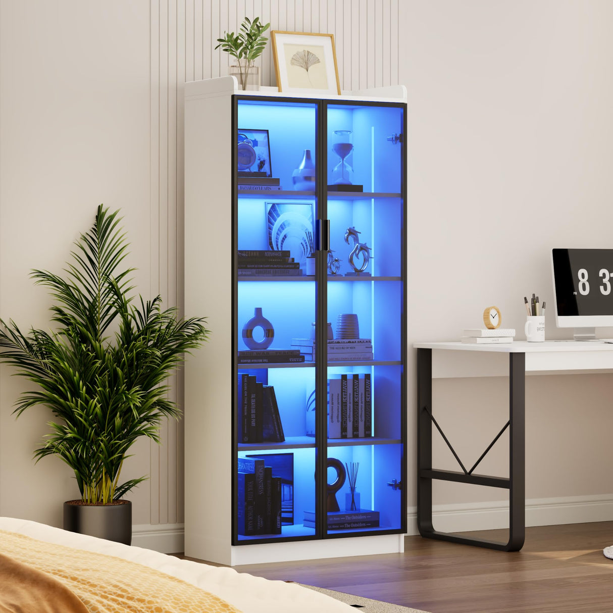 Storage Cabinet with Doors Adjustable Shelves - 65" White Tall Kitchen Pantry Organizer with Metal Handle/LED Lights/Human Sensor - 5 Tier Display Bookcase for Bedroom Living Room Office Dystler