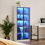 Storage Cabinet with Doors Adjustable Shelves - 65" White Tall Kitchen Pantry Organizer with Metal Handle/LED Lights/Human Sensor - 5 Tier Display Bookcase for Bedroom Living Room Office Dystler