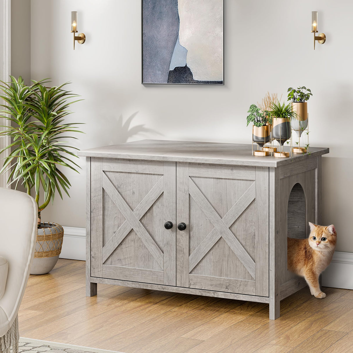 Shintenchi Cat Littler Box Enclosure, Litter Box Furniture Hidden with Removable Divider, Cat House with End Table, Grey Shintenchi