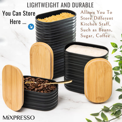 Mixpresso 3 Piece Black Canisters Sets For The Kitchen, Airtight Plastic Canister With Bamboo Lid, Coffee And Sugar Canister Set, Decorative Sugar Container, Kitchen Decor For Counter