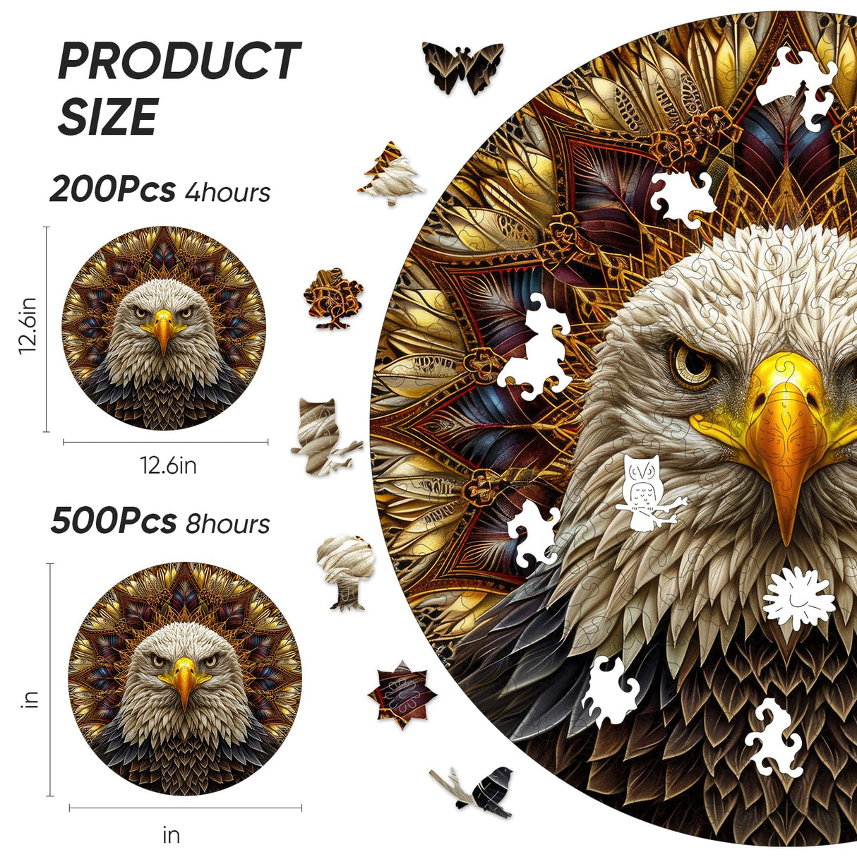 Bald Eagle Wooden Puzzle for Adults 500 Piece, Mandala Wooden Jigsaw Puzzles, Inspiring Puzzle, Beautiful Wooden Puzzle with Box Birthday Gifts for Adults and Kids Family Game(16.5 * 16.5in) Reouinty