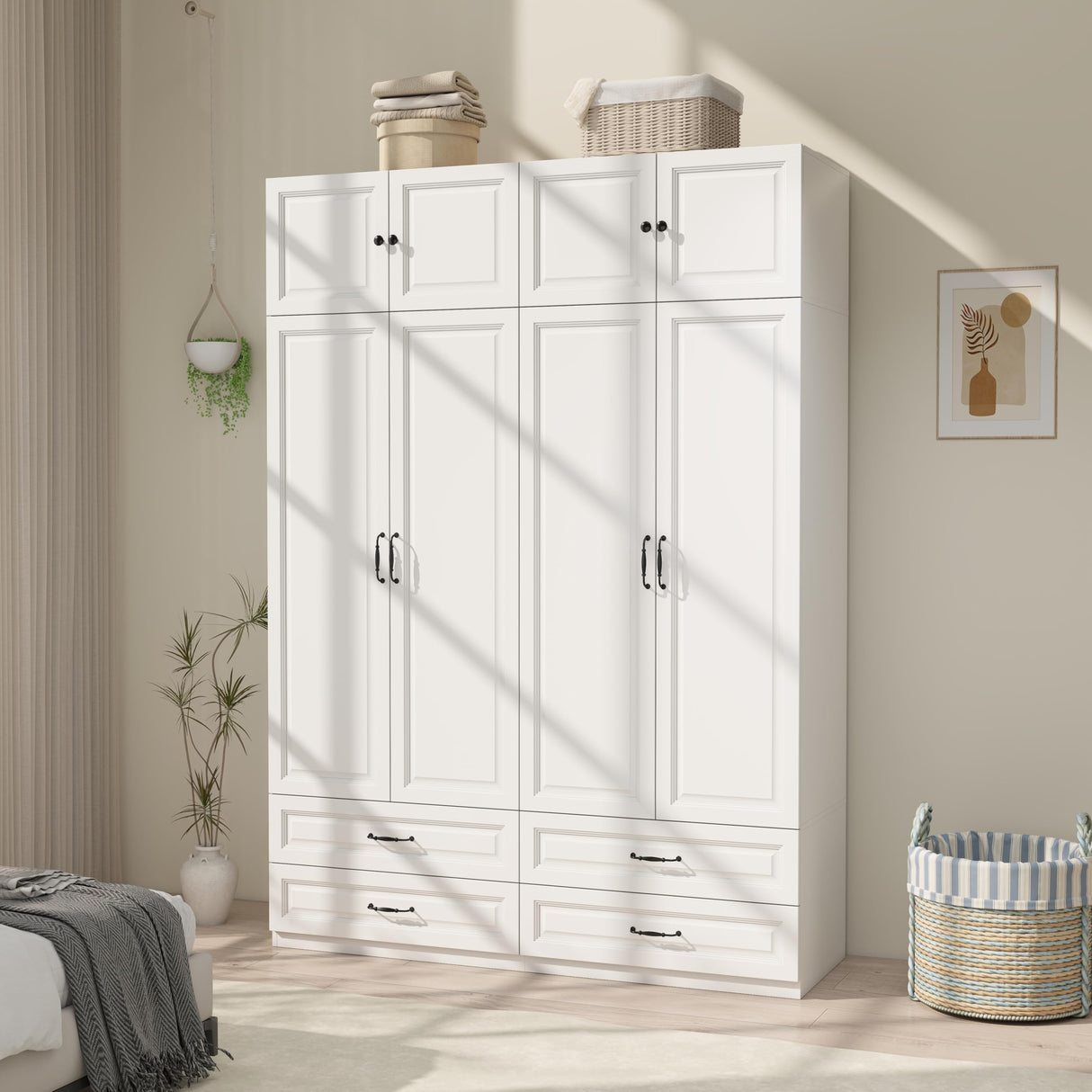 Armoire Wardrobe Closet with Doors: 89" Extra Tall White Wardrobe with Storage on Top, Bedroom Armoires with 4 Doors and 4 Drawers, Large Wood Closet Armoire for Hanging Clothes (B, 63") LABROSKIA