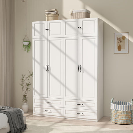 Armoire Wardrobe Closet with Doors: 89" Extra Tall White Wardrobe with Storage on Top, Bedroom Armoires with 4 Doors and 4 Drawers, Large Wood Closet Armoire for Hanging Clothes (B, 63") LABROSKIA