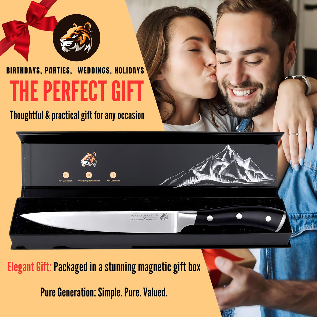 Pure Generation 8" Carving Knife - Brisket Knife, Razor Sharp German Steel BBQ Meat Slicing Knife for Turkey, Ham & Fruit with Ergonomic Handle Pure Generation