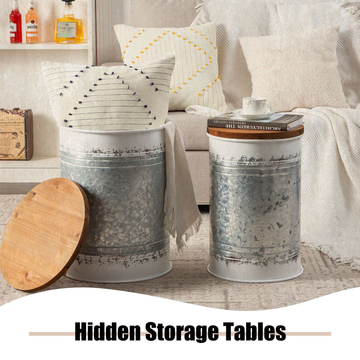 Poofzy Farmhouse End Tables Set of 2, Galvanized Metal Decor Side Table with Wood Lid, Coffee Table Storage Stool for Living Room (White) Poofzy