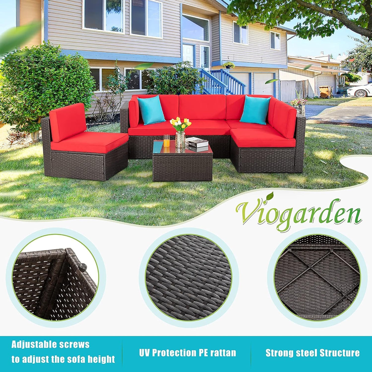 Vongrasig 7 Piece Patio Furniture Sets with 45 Inch Fire Pit Table All Weather PE Wicker Rattan Outdoor Sectional Sofa Couch Conversation Set w/Glass Table for Lawn, Garden, Backyard (Red) Vongrasig