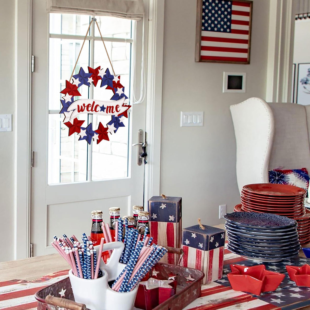 4th/Fourth of July Decorations Welcome Wreath for Front Door - Wooden Red White and Blue Star Sign, Patriotic Memorial Day Porch Home Wall Outside Decor 80UncleKimby