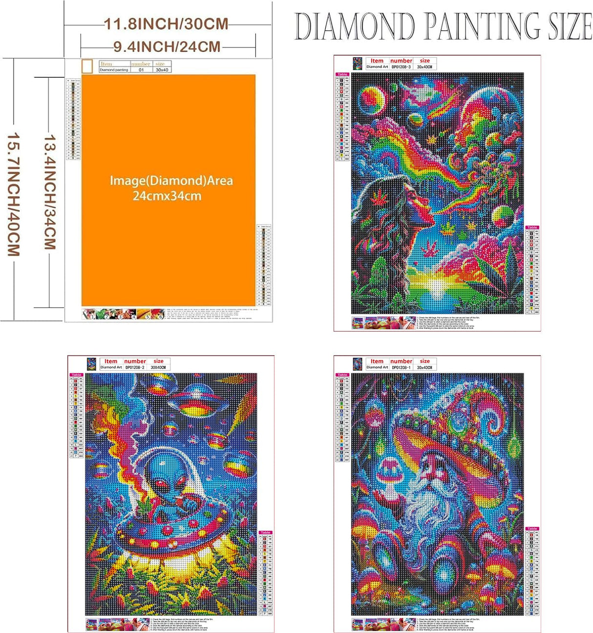 EIBEILI Diamond Art Kits for Adults - 3 Pack Hippie Hippy Alien,Starry Rainbow,Gnome Diamond Painting Kits for Adults,5D Round Full Drill Gem Art,DIY Crafts Kits for Gift Home Wall Decor 12x16inch EIBEILI
