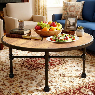 ZYUXUAN Industrial Round Coffee Table, Circle Wood Pottery Barn Coffee Table with Heavy Duty Metal Pipes Legs, Accent Cocktail Table Center Table with Open Shelf Storage for Living Room Home