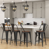 Apeaka 24" Swivel Metal Bar Stools Set of 4 Counter Height Bar Chairs Industrial High Back Barstools with Large Wooden Seat Matte Black Apeaka