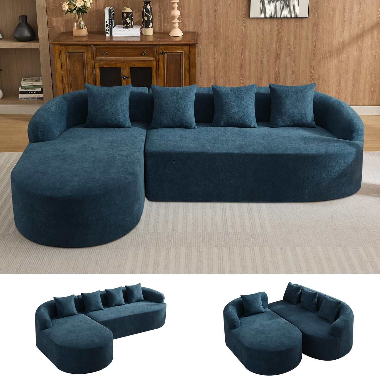 104.3" Boneless Curved Couch, l Shaped 4-Seater Cloud Couch with Deep Seat Chaise, Oversized Curved Sofa, Chenille Modular Sectional Couches for Living Room, No Assembly, Blue Abbrevi