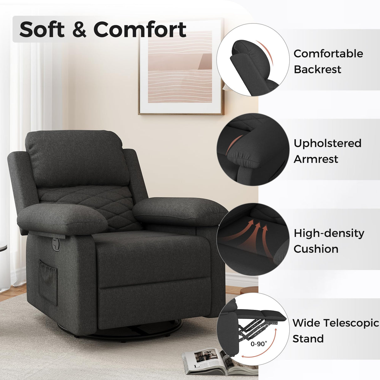 Glider Recliner for Adult Indoor Upholstered Lounge Nursery Chair Swivel Single Sofa with Side Pockets for Living Room Bedroom(Black) Amopatio